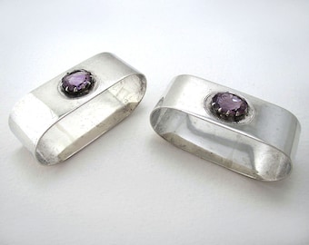 Pair Arts & Crafts Antique Sterling Silver Napkin Serviette Rings Plain with Purple Stone Quartz