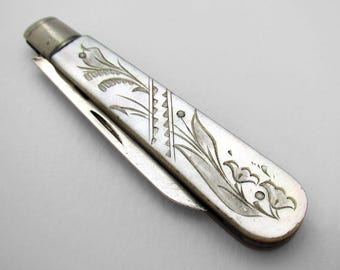 Antique Sterling Silver Mother of Pearl Fruitknife, Lily of the Valley, Villiers & Jackson 1923.