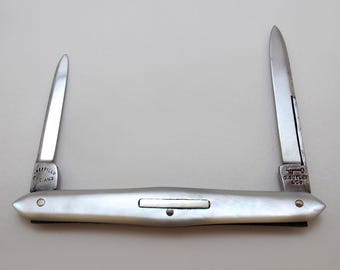 George Butler & Co Quality Sheffield Double Folding Quill Pen Cutter Pencil Sharpener Mother of Pearl High Carbon Steel Penknife c1900