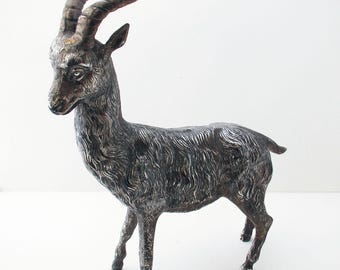 Large Vintage Silver Plated Wild Mountain Alpine Goat Iberian Spanish Ibex Figurine Statue Model Mid-Century Decorative Object.