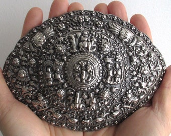 Rare Antique Straits Chinese Peranakan Solid Silver Large Belt Buckle (Pending/Pinding), Malaysia & Singapore, c.1890