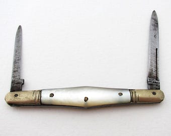 Antique Mulberry Cutlery Sheffield Victorian Double Quill Pen Cutter / Sharpener, Mother of Pearl Folding Pocket Penknife.