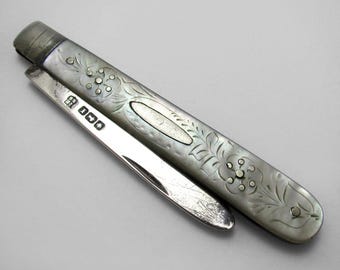 Sheffield Isaac Ellis & Sons Edwardian Antique Sterling Silver Mother of Pearl Folding Fruitknife 1915