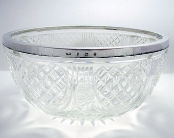 Large 9" Antique 1905 Solid Sterling Silver Rim & Cut Crystal Glass Bowl, Salad/Fruit/Centrepiece.