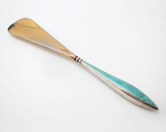 Antique Sterling Silver Handled Green Guilloche Enamel Gilded Shoehorn English Hallmarked Art Deco 1928
