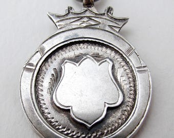 Antique Solid Sterling Silver Circular English Pocket Watch Fob Medal Pendant, Birmingham 1924.