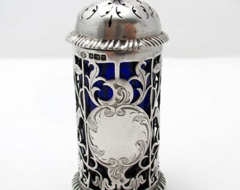 Antique Edwardian Sterling Silver & Bristol Blue Glass Liner Pierced Pepper Pot Shaker - Bird/Flower Pattern, Sheffield 1914