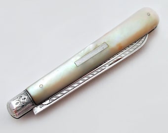 Large Antique Victorian 1888 Sterling Silver & Mother of Pearl Folding Fruitknife, Bright-cut Engraving, 19th-century Birmingham