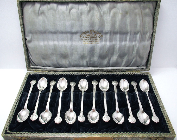Featured listing image: Rare Set of 12x Evald Nielsen No.3 Danish 1929 Solid Silver Arts & Crafts Coffee/Espresso Spoons with Case