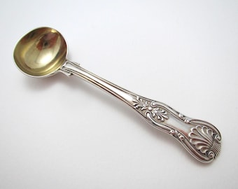Georgian William IV 1835 English King Antique Solid Sterling Silver Gilt Master Salt Spoon, Diamond Shell Heel