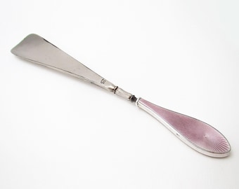 Antique Sterling Silver Handled Light Purple Guilloche Enamel Shoehorn English Hallmarked Art Deco 1924