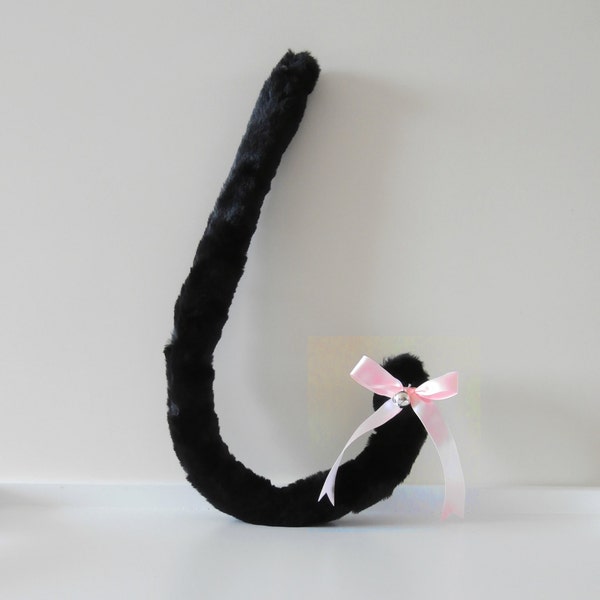 Long Black Fur Kitty Cat Tail with Detachable Pink Bow Ribbon and Bell Adjustable Wire Attachable with Pin 60 cms Cosplay Wolf Dog Necomimi