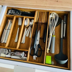 Organizador de cubiertos – Organizador de utensilios para cajones de cocina  – Pequeño organizador de cajones de cocina de madera extra profundo