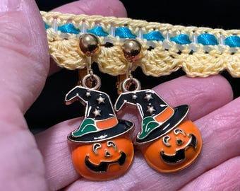 Halloween Clip-on Earrings, Pumpkin Face Clip-ons, Handmade