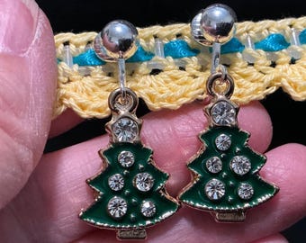 Rhinestone Christmas Tree Clip-on Earrings, Handmade