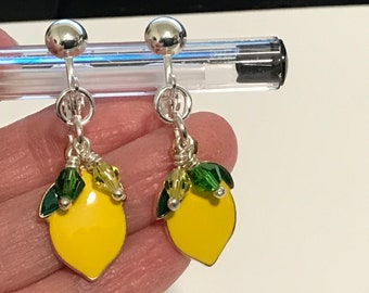 Lemon Clip-on Earrings, Handmade Clip-ons Earrings, Unique Clip-ons, Mini Yellow and Green Crystals, DebbieD3dDesigns, Teenage Girls, Women