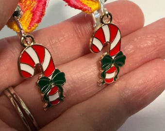 Christmas Candy Cane Clip-on Earrings, Handmade