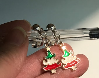 Unique Christmas Tree Clip-on Earrings, Womens Dangle Christmas Tree Clip-ons, Teenage Girl Clip-ons, Unique Enamel Painted Christmas Tree.