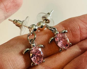 CZ Pink Tiny Sea Turtle Earrings, Hand-crafted Sterling Silver Plated Handmade Earrings