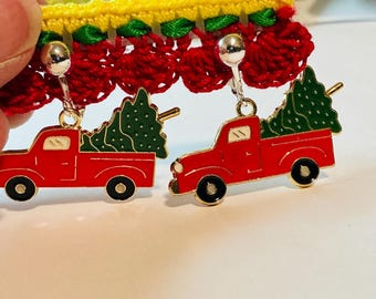 Christmas Truck Clip-on Earrings, Handmade