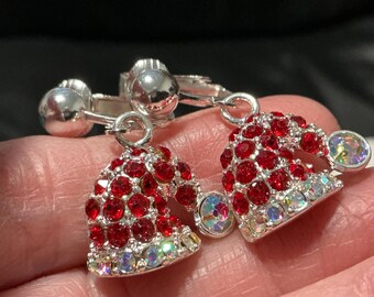 Christmas Santa Hat Silver Plated Clip-on Earrings, Red AB Rhinestones, Handmade