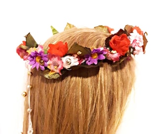 Flower Circlet Pink Orange Yellow Paper Rose Flower Hair Garland Wedding Flower Fairy Ren Fair Garden Party Headpiece Crown