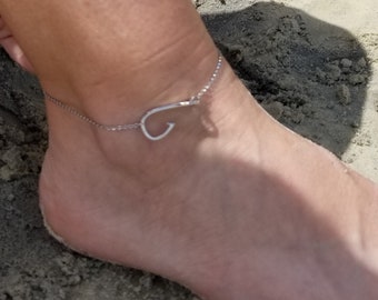 Fishing Anklet, Fish Hook Anklet, Beach Anklet, Boho Jewelry, Beach Jewelry, Silver Anklet, Fishing Gifts for Women, Surfer Anklet