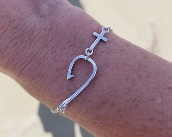Fish Hook and Cross Bracelet, Baptism Gift, Gift for Best Friend, Birthday Gift for Friend, Cross Bracelet, Fish Hook Bracelet