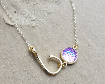 Bridesmaid Gift for Beach Wedding, Fish Hook Necklace with Mermaid Scale, Gold or Silver