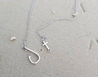 Fishing and Faith Necklace, Fish Hook and Cross Necklace, Cross Choker, Fishing Jewelry, Christian Jewelry, Sideways cross necklace