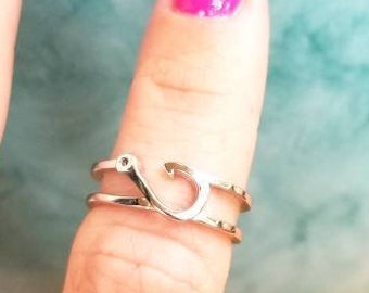 Sterling Silver Double Band Adjustable Ring, Anniversary Gift, Fishing Gift, Fish Hook Ring, Fishing Jewelry, Beach Ring, Bridesmaid Jewelry