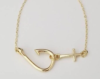 Cross Bracelet with Fish Hook Charm, Christian Jewelry, Fishing Gifts for Women, Fish Hook Bracelet, Fishing, Gold or Silver Cross Bracelet