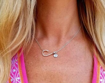 Personalized Miscarriage Gift, Sterling Silver Fish Hook Necklace with Initial Charm, Fishers of Men Christian Jewelry, Pregnancy Loss Gift