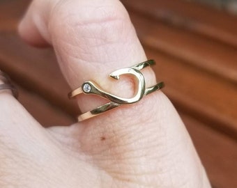 14K Gold Cubic Zirconia Promise Ring, Gift for Girlfriend, Gold Fish Hook Ring, Hooked a Keeper, Sterling Silver Hook Ring, Gifts for Her