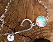 Hand stamped initial bracelet, Fishing Bracelet, Mermaid Party Bracelet, Personalized Fish Hook Bracelet with Mermaid Charm
