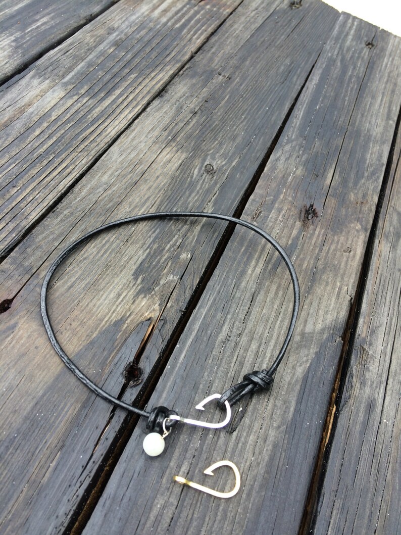 Leather Fish Necklace Pearl Choker Sideways Fishing Hook Etsy