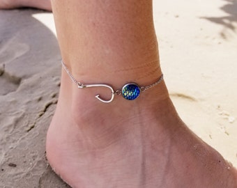 Fish Hook Anklet, Cobalt Blue Anklet, Beach Anklet, Boho Ankle Bracelet, Beach Jewelry, Fishing Jewelry, Gold Anklet, Silver Anklet, Fishing