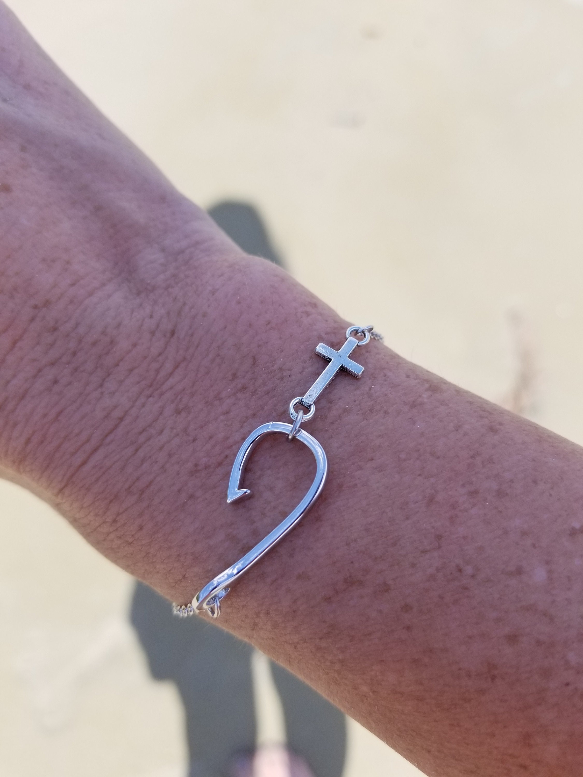 Cross Bracelet With Fish Hook Charm, Christian Jewelry, Fishing