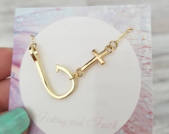 Gold Cross Necklace, Fishing Jewelry, Fish Hook Necklace with Cross, Christmas Gift for Her, Birthday Gift for Friend, Baptism Gift