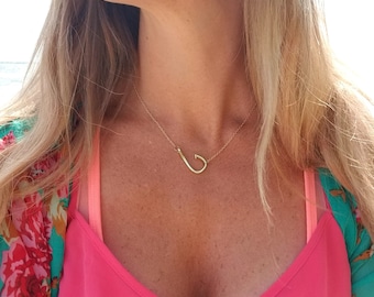 Gold Fish Hook Necklace, Gold Fishing Jewelry, Graduation Gift, Bridesmaid Gift Proposal, Teacher Gift, Gift for Mom