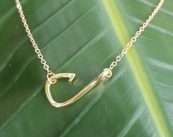 Gold Fish Hook Necklace, Rose Gold Fishing Jewelry, Fishing Gifts for Wife, Baptism Necklace, Popular Beach Jewelry, Nautical Necklace