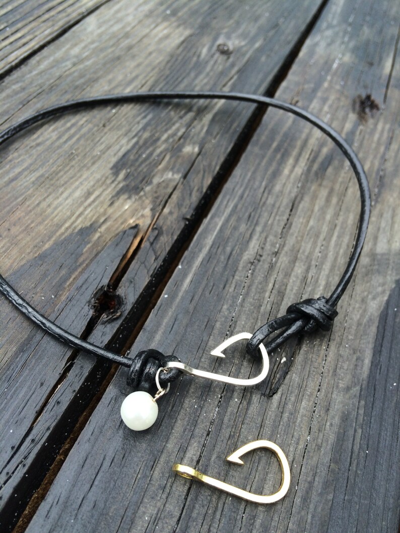 Leather Fish Necklace Pearl Choker Sideways Fishing Hook Etsy
