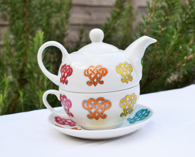 Rainbow Hearts Tea for One Set; Hand painted Cup Saucer /& Teapot; Rainbow Celtic Heart Tea Set; Valentine Hearts; Teatime Pride; LGBTQ Gift