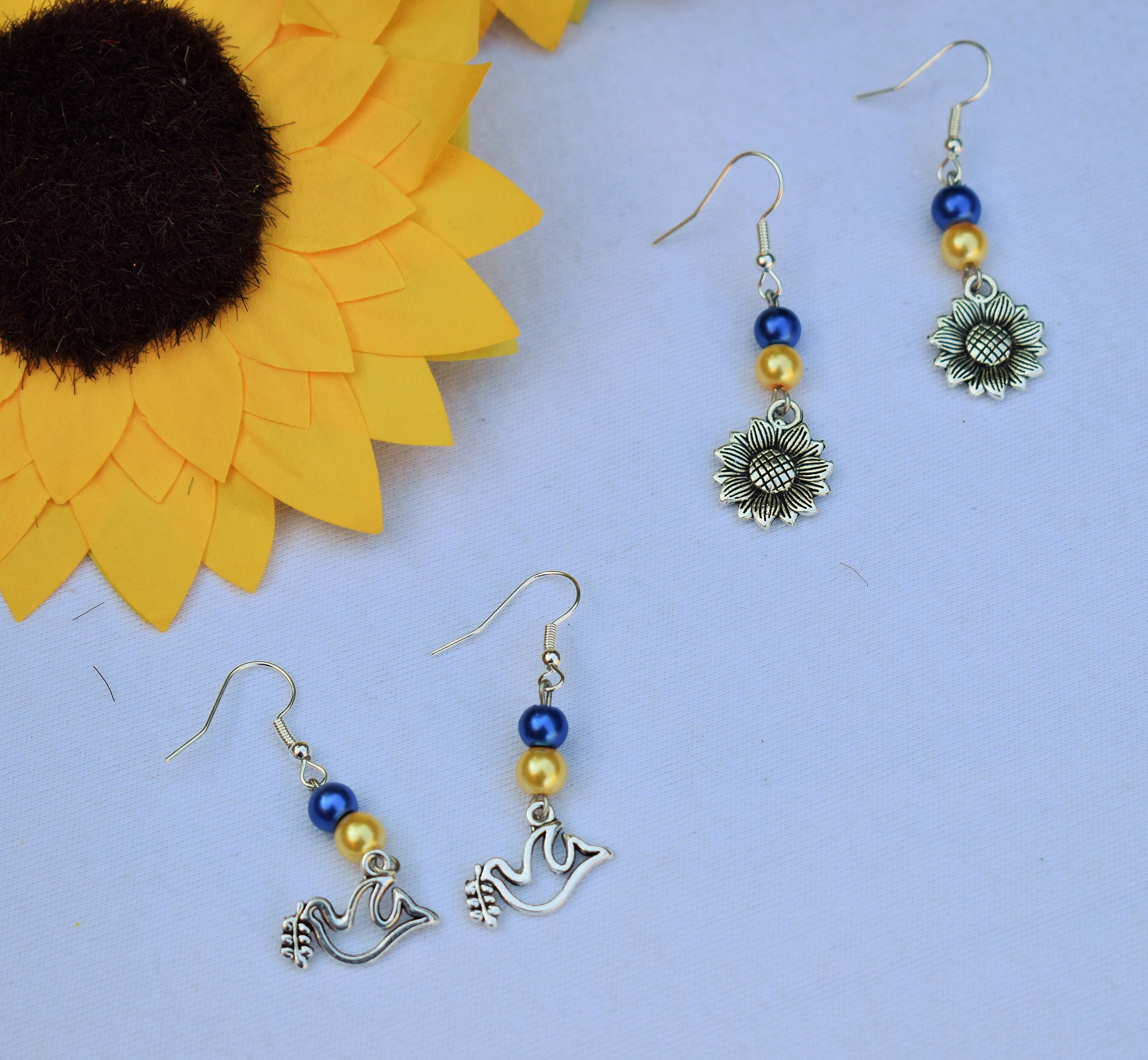 blue & yellow crystals Ukrainian sunflowers dangling earrings. hand stamped aluminum earrings