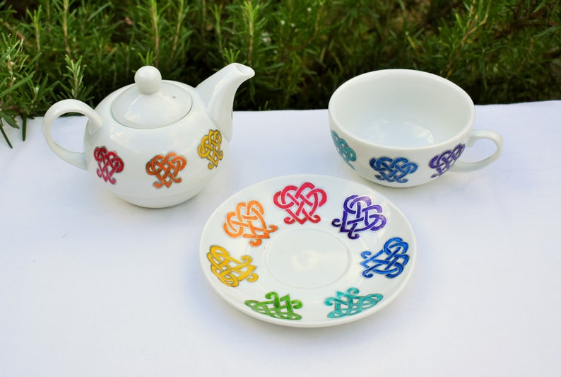 Rainbow Hearts Tea for One Set; Hand painted Cup Saucer /& Teapot; Rainbow Celtic Heart Tea Set; Valentine Hearts; Teatime Pride; LGBTQ Gift