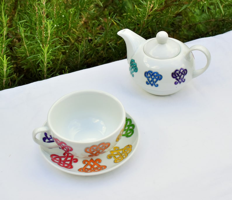 Rainbow Hearts Tea for One Set; Hand painted Cup Saucer /& Teapot; Rainbow Celtic Heart Tea Set; Valentine Hearts; Teatime Pride; LGBTQ Gift
