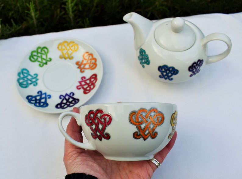 Rainbow Hearts Tea for One Set; Hand painted Cup Saucer /& Teapot; Rainbow Celtic Heart Tea Set; Valentine Hearts; Teatime Pride; LGBTQ Gift