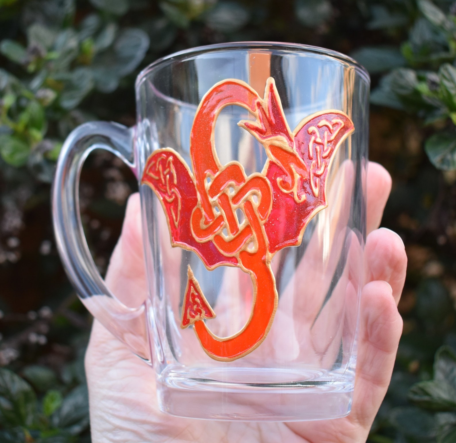 Dragon Coffee Mug Dragon Mugs Celtic Dragon Hand Painted Glass Mug