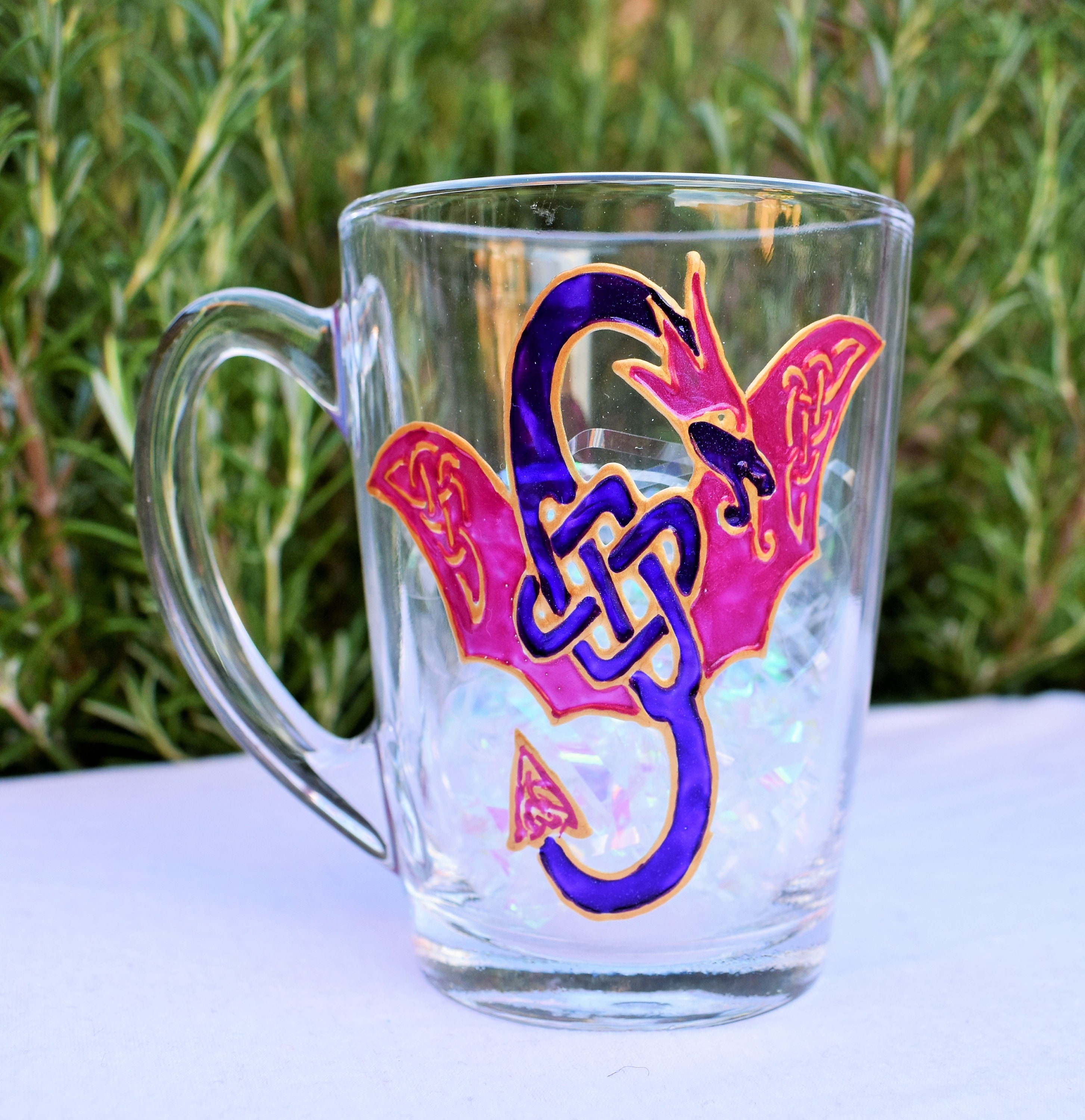 Dragon Coffee Mug Dragon Mugs Celtic Dragon Hand Painted Glass Mug