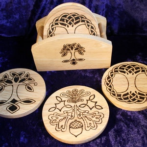 Celtic Tree Coaster Set; Celtic Nature coaster set; Hand burnt Wooden Coasters; Celtic Tree of Life; Green Man; Round Wooden Coaster Set;